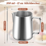 Tasse à lait, tasse à lait en acier inoxydable de 350 ml avec marque de mesure, accessoire Barista, tasse à lait pour cappuccino, expresso, latte art, amateurs de café, argent, 355 ml