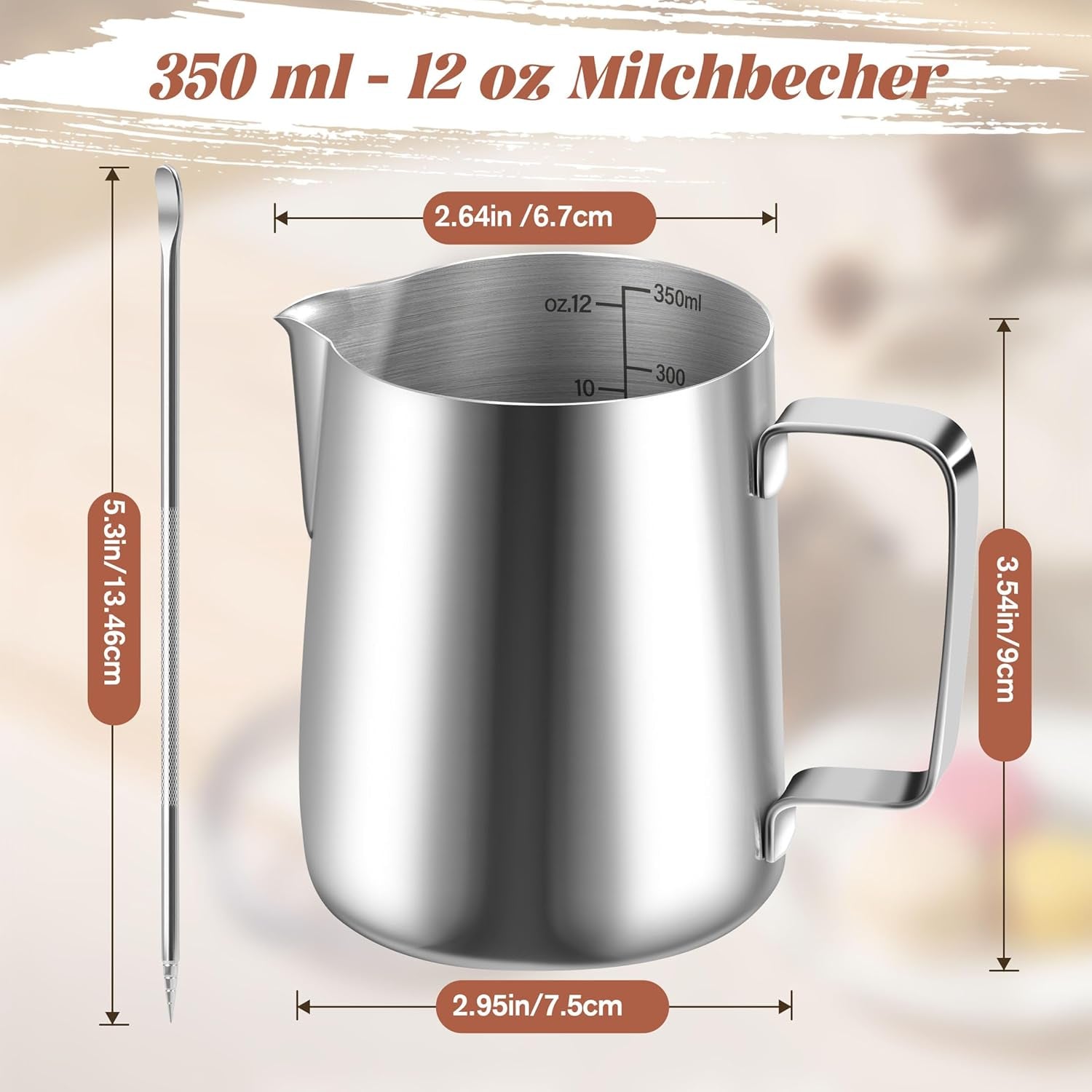 Tasse à lait, tasse à lait en acier inoxydable de 350 ml avec marque de mesure, accessoire Barista, tasse à lait pour cappuccino, expresso, latte art, amateurs de café, argent, 355 ml