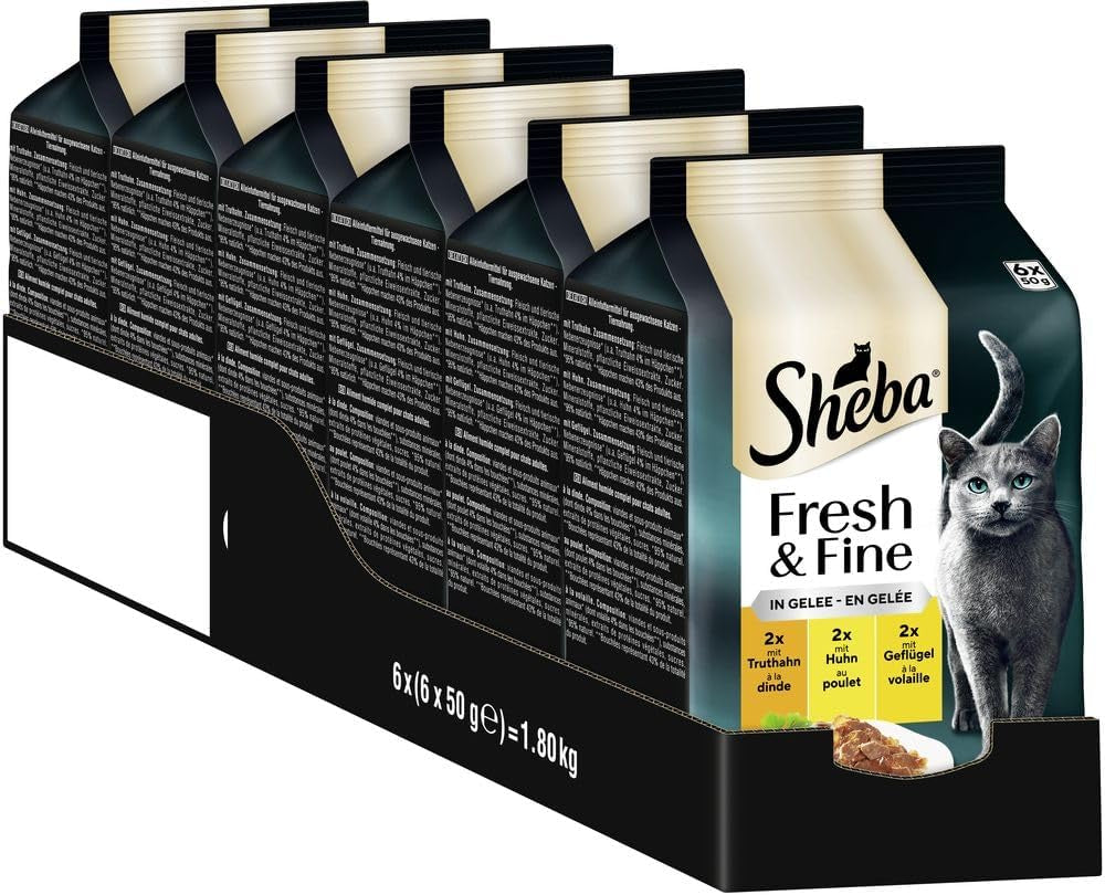 Sheba Portion Pouches Nourriture humide pour chat, paquet multiple de gelée fraîche et fine de dinde et de poulet, 6x6x50g - Nourriture pour chat de haute qualité en gelée de dinde et de poulet
