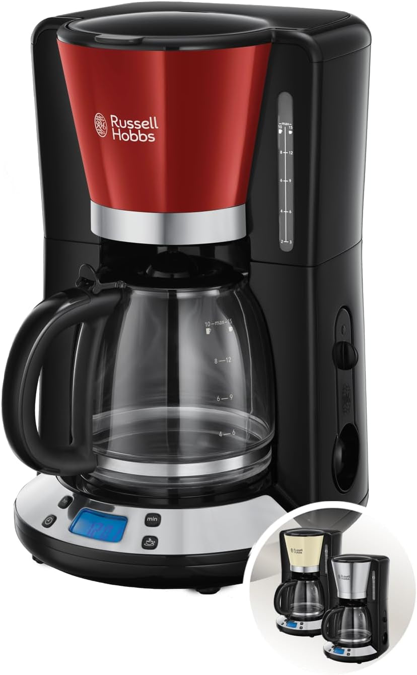 Russell Hobbs Cafetière [minuterie numérique, pomme de douche pour une extraction et un arôme optimaux] Colors+ Creme (1 à 10 tasses, carafe en verre 1,25 L, plaque chauffante, 1100 W) Cafetière à filtre 24033-56