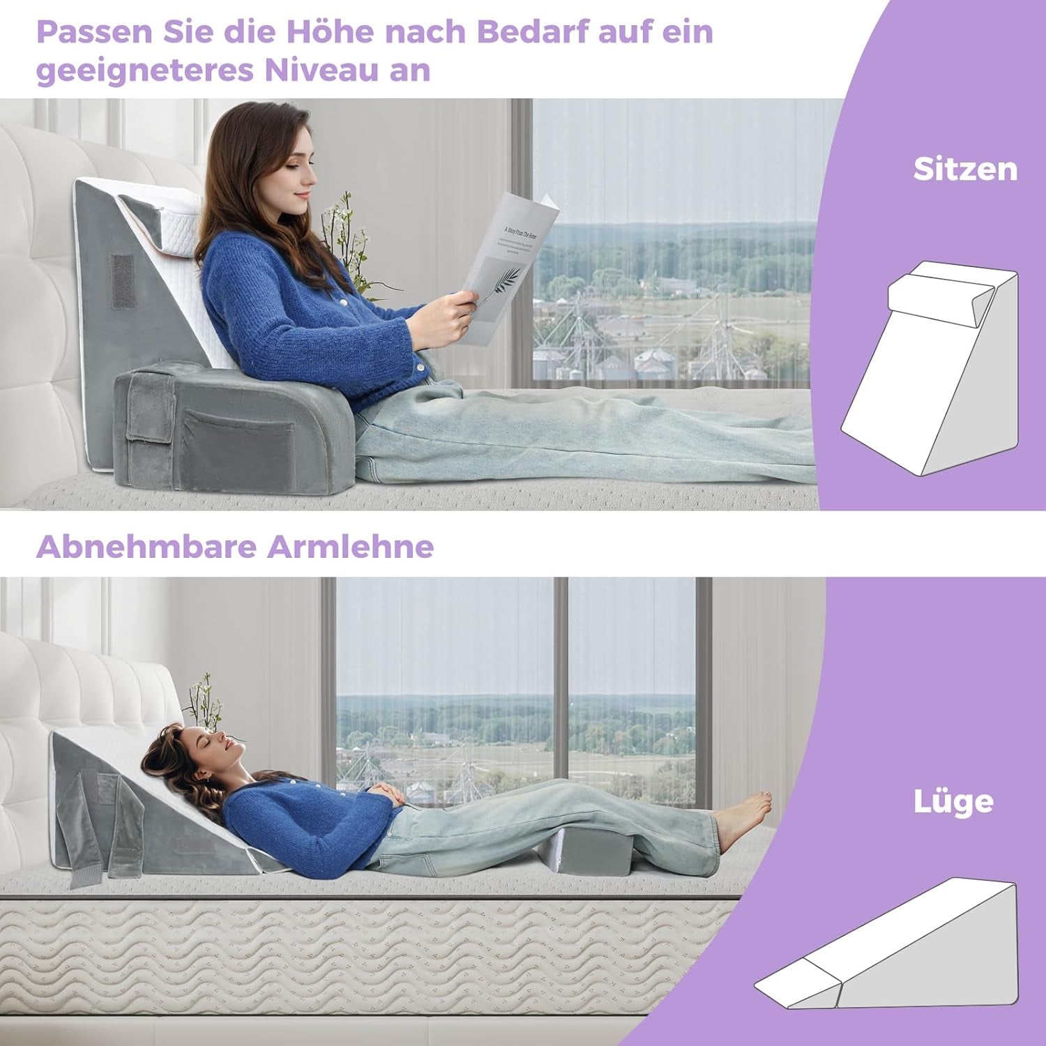 Grand oreiller de lecture avec barre de poignée, mousse haute densité, oreiller ergonomique pour le dos, accoudoirs, support de cou et appui-tête, coussin de siège inclinable pour dormir, jouer, regarder la télévision, pour lit et canapé