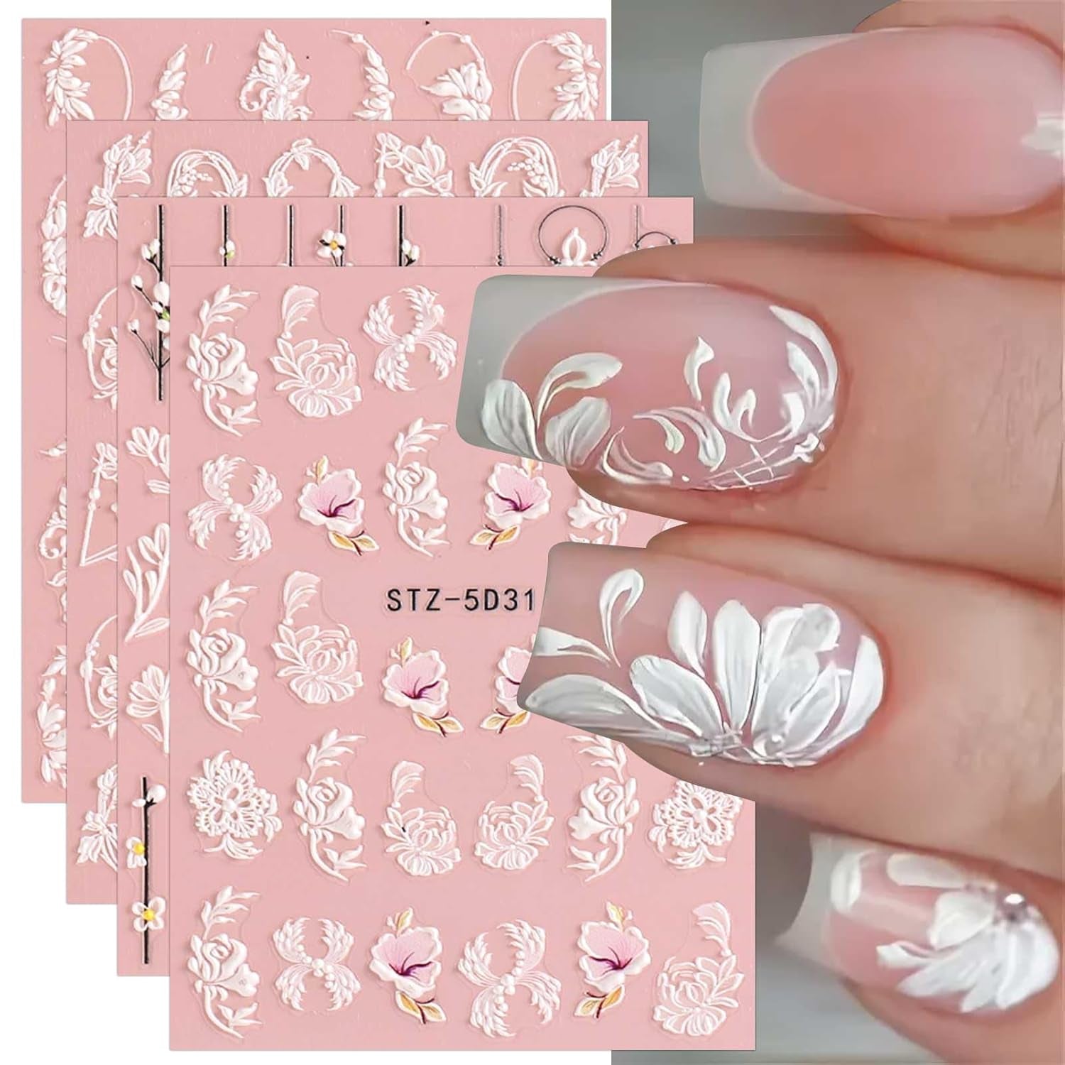 4 Blatt 3D Nagelsticker Frühling Blume Nagelaufkleber 5D Stereoskopisch Selbstklebend Nail Art Sticker Décoration Nageldesign Zubehör