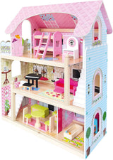 Bino World of Toys Maison de poupée avec balcon, jouet pour les tout-petits à partir de 3 ans, avec 3 étages, escaliers, 4 pièces et balcon incl. 15-TLG. Accessoires, Pour promouvoir les compétences des enfants, Maisons de poupées design rose Naty Shop
