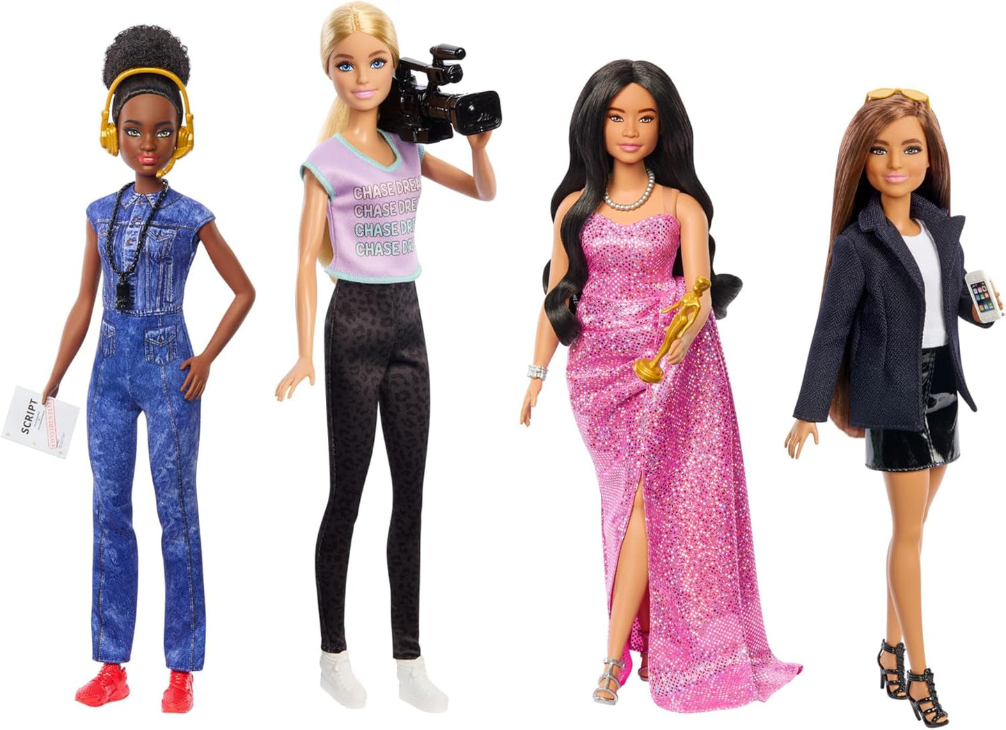 Barbie Berufe-Set mit 4 Puppen und Zubehör, Frauen in der Filmbranche mit Studioleiterin, Regisseurin, Kamerafrau et Filmstar in Ausziehbaren Outfits, HRG54