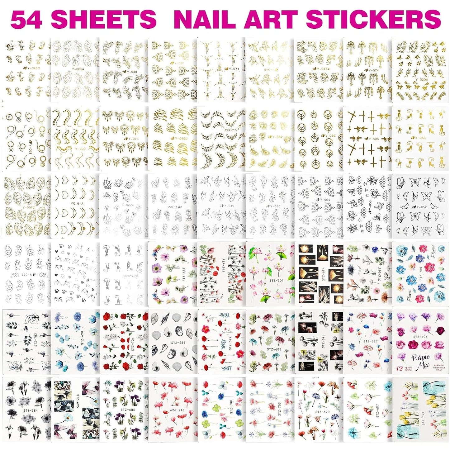 FANDAMEI 54 Blätter Wassertransfer Nagelsticker & Nail Art Pinsel Set, Stylos à pointillés, Blattgold pour l'art de l'art, bande de strass, strass, travail et décoration, ensemble pour l'art de l'art