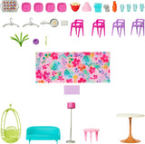 Maison de vacances Barbie (116 x 77,9 cm), maisonnette 6 places, entièrement meublée avec accessoires, meubles et ascenseur, pliable et rangement, poupée, cadeau pour enfants à partir de 3 ans, HCD50