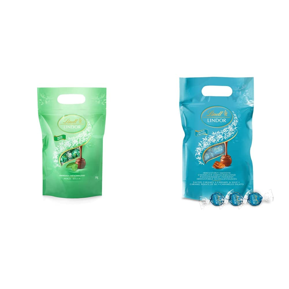 Boules de chocolat LINDOR | Sac refermable de 1 kg | env. 80 boules de chocolat au lait fourrées à la menthe | Emballage en vrac et boules de chocolat au caramel salé LINDOR
