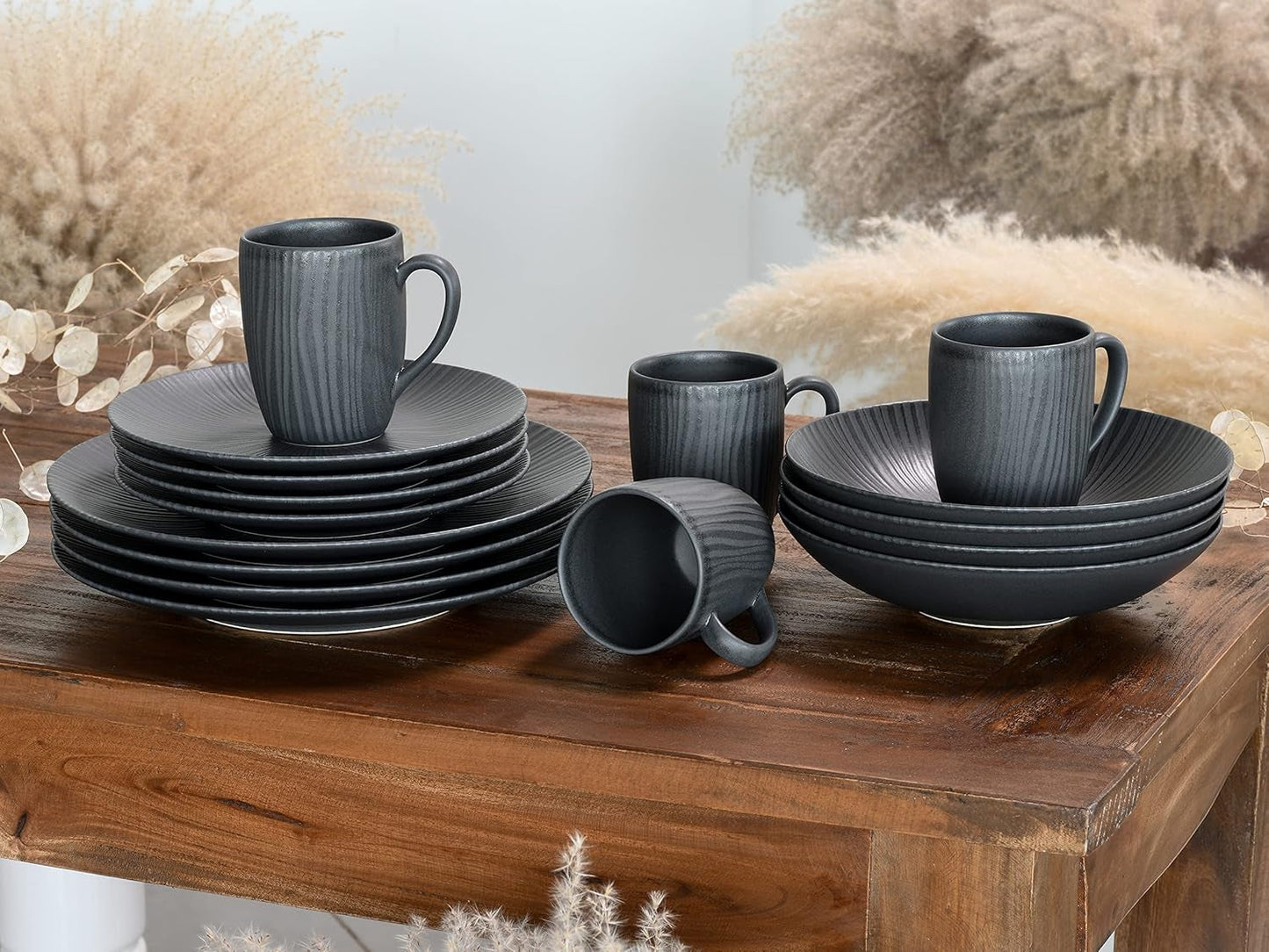 CreaTable, 20537, Vesuvio Black Series, service de table 16 pièces, service combiné en porcelaine, passe au lave-vaisselle et au micro-ondes, fabriqué au Portugal