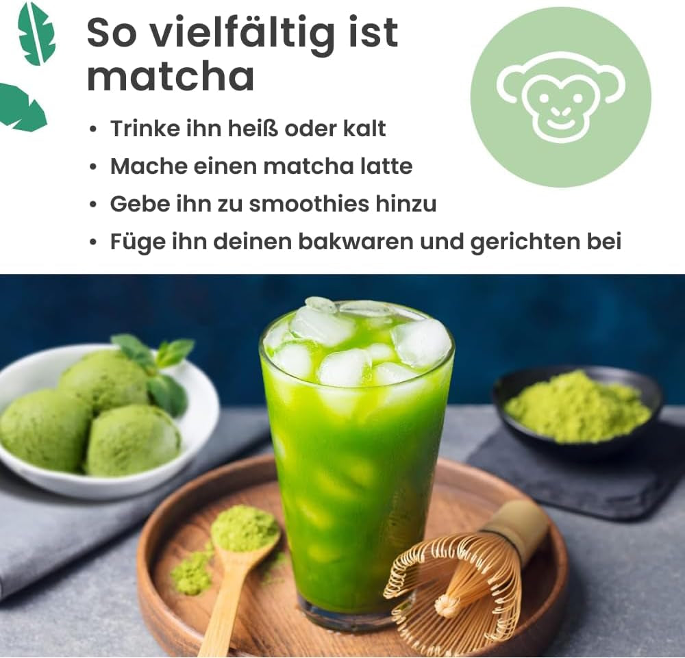 Poudre de matcha de qualité cérémonielle Purechimp 50 g. Poudre de thé 100 % pure cultivée à l'ombre pour les lattés, les infusions et les recettes. Pot recyclable. Riche en antioxydants.