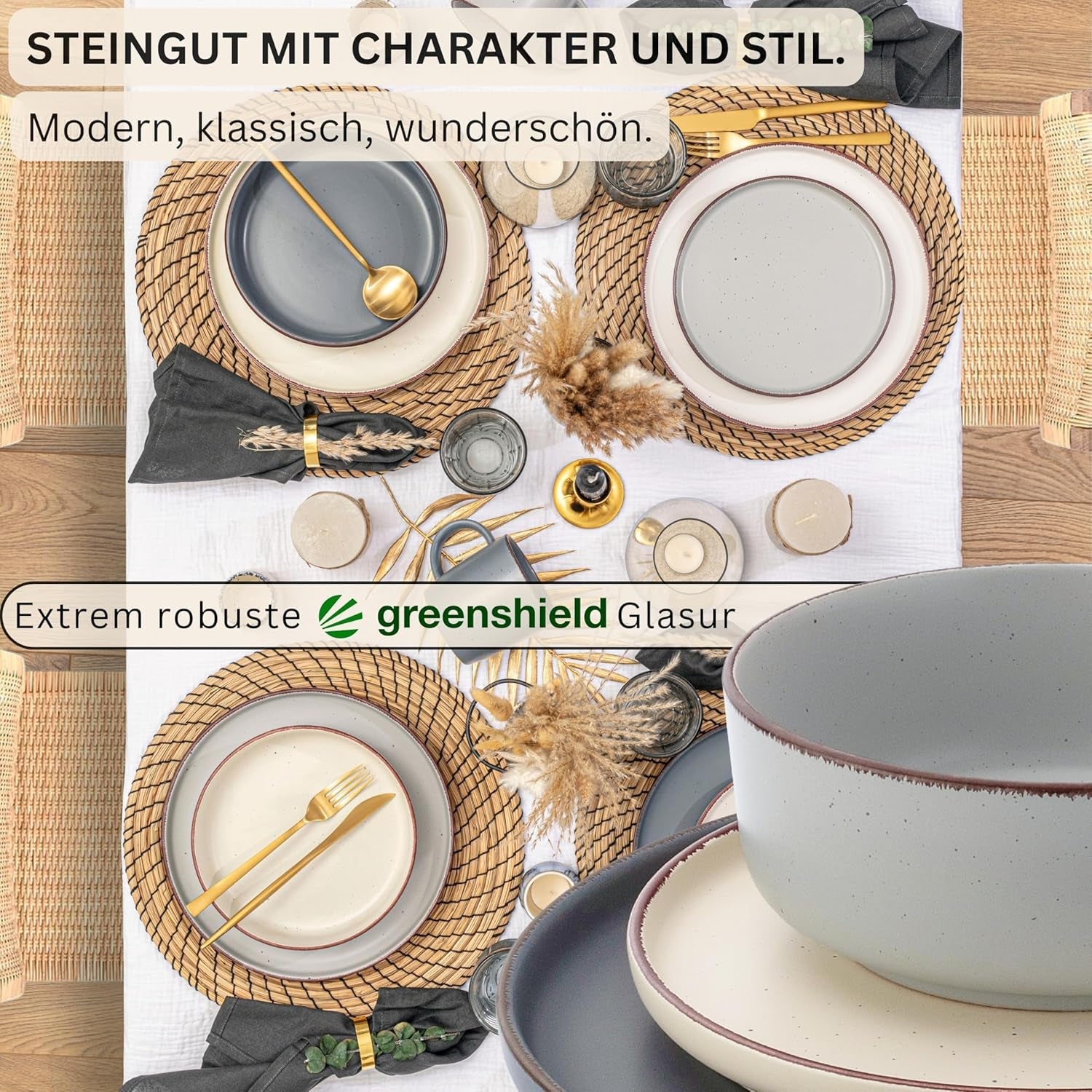 SÄNGER Bombay Clair de Lune | Service de table en céramique 12 pièces pour 4 personnes, 4 assiettes plates, 4 assiettes à dessert, 4 bols, couleurs assorties | LA COLLECTION VALEUR