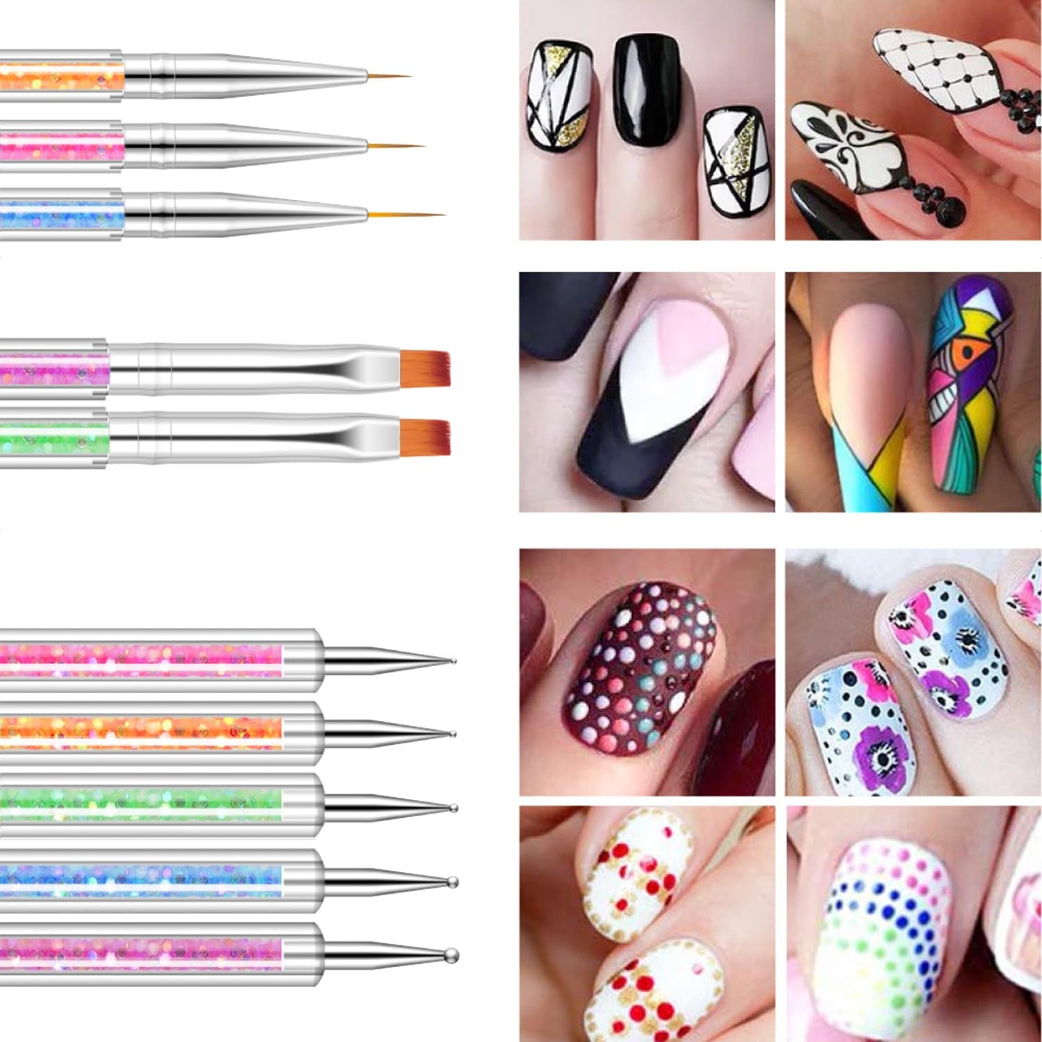 6 pcs Nagel Pinsel Set, Double Fin Nageldesign Pinsel, Acrylique Nail Art Pinsel Set Nail Art Liner Pinsel Dotting Tool pour DIY Nail Art Design (Mit 1 Schwammbürste)