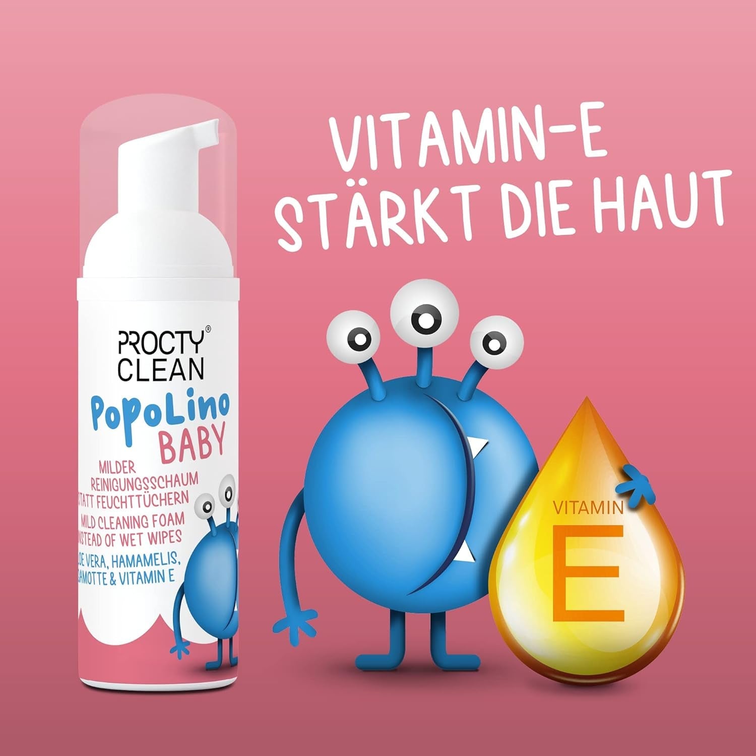 Mousse à fond souple PopoLino Baby au lieu de lingettes humides pour bébé. Mousse nettoyante cosmétique vegan et naturelle ! Mousse inférieure à l'aloe vera, à l'hamamélis, à la bergamote et à la vitamine E. Rend les fesses et l'environnement heureux.