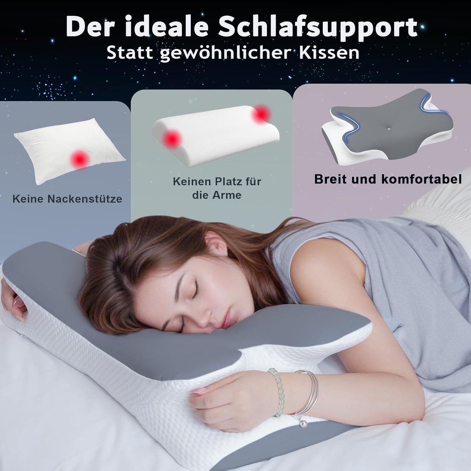 Oreiller orthopédique en mousse à mémoire de forme - Design ergonomique - Forme creuse pour dormeurs sur le côté, le dos et le ventre - Oreillers orthopédiques cervicaux gris Naty Shop