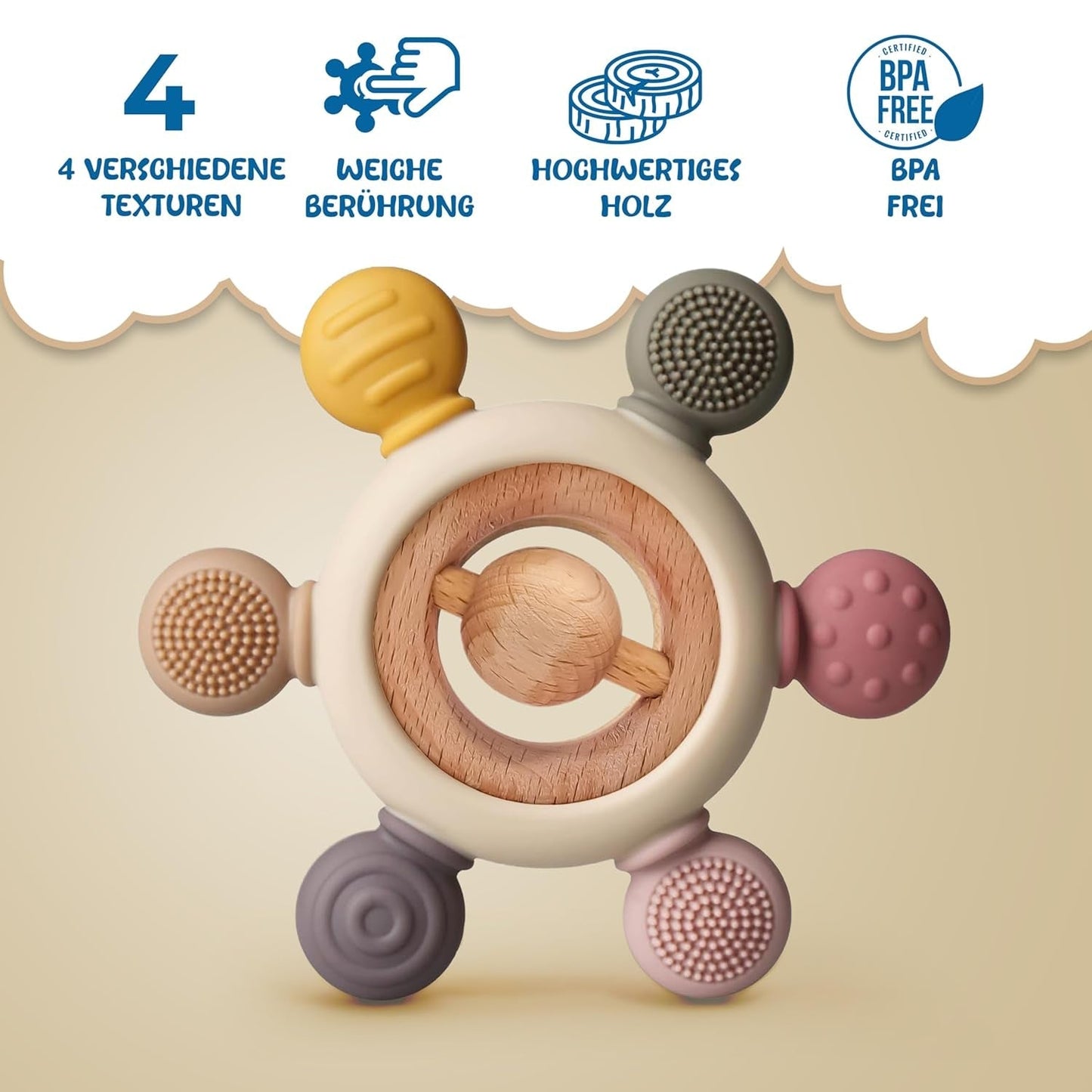 Anneau de dentition pour bébé avec chaîne de tétine - Aide à la dentition - Jouet pour bébé de 0 à 6 mois - Essentiels pour nouveau-né - Jouet de dentition sans BPA - Idées cadeaux pour nourrissons
