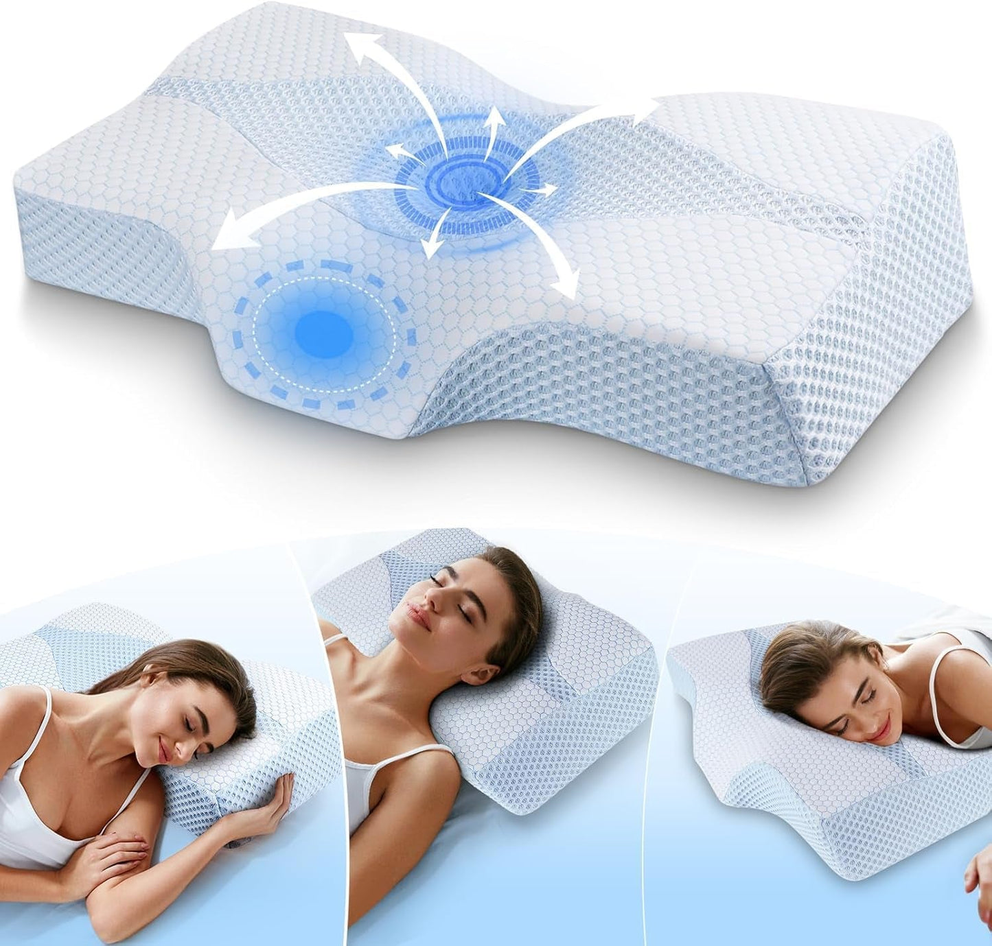 Oreiller cervical en mousse à mémoire de forme Oreiller orthopédique ergonomique pour les douleurs au cou et aux épaules - Oreiller de couchage rafraîchissant pour les dormeurs sur le côté, le dos et le ventre avec soutien du cou Oreillers orthopédiques cervicaux Naty Shop 02-Bleu 63,5 Cm * 40,6 Cm * 10,7/13,2 Cm