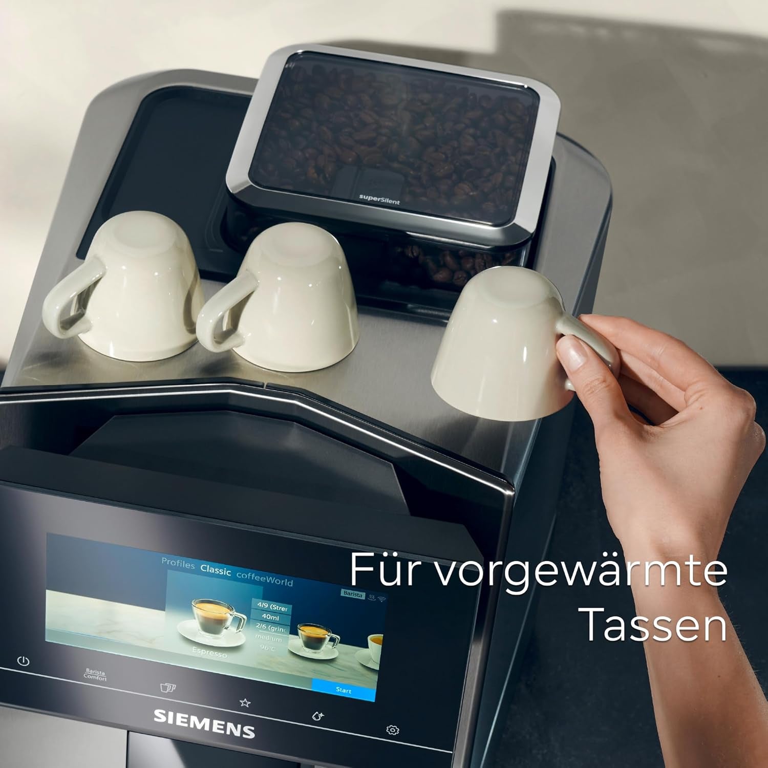 Siemens EQ900 TQ903D03 Machine à expresso automatique, contrôle par application, écran tactile intuitif, mode Barista, AromaBoost, réduction du bruit, broyeur Premium, nettoyage automatique à la vapeur, 1500 W, acier inoxydable