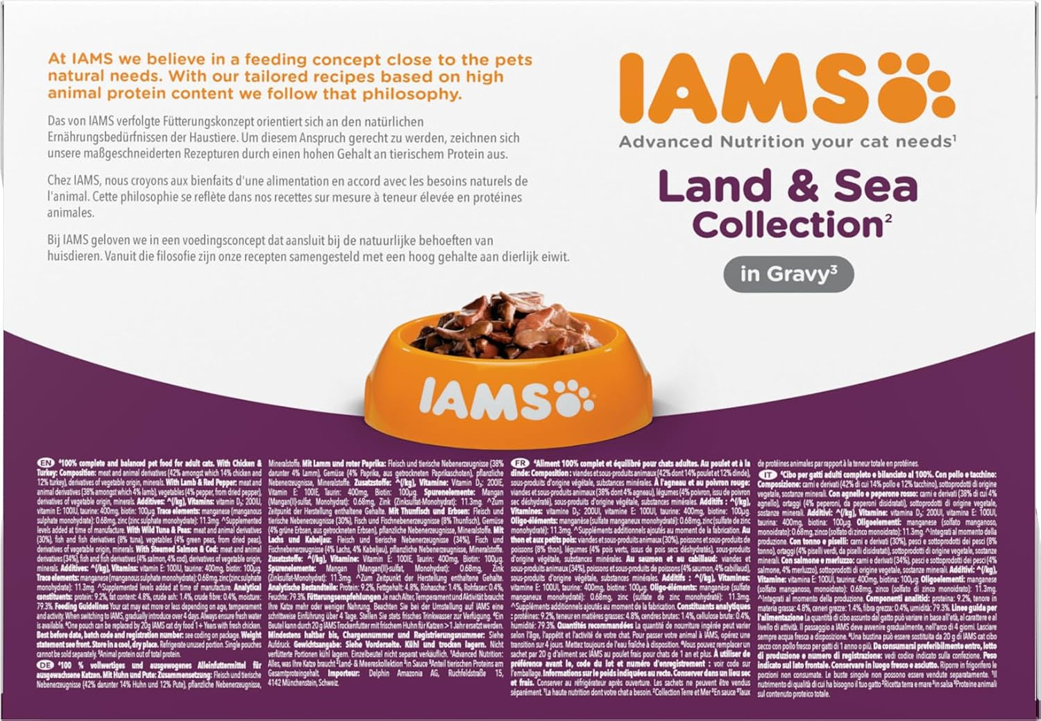 IAMS Delights Land & Sea Collection Nourriture humide pour chats - Assortiment de viande et de poisson multipack en sauce, nourriture humide pour chats de 1 an et plus, 12 x 85 g