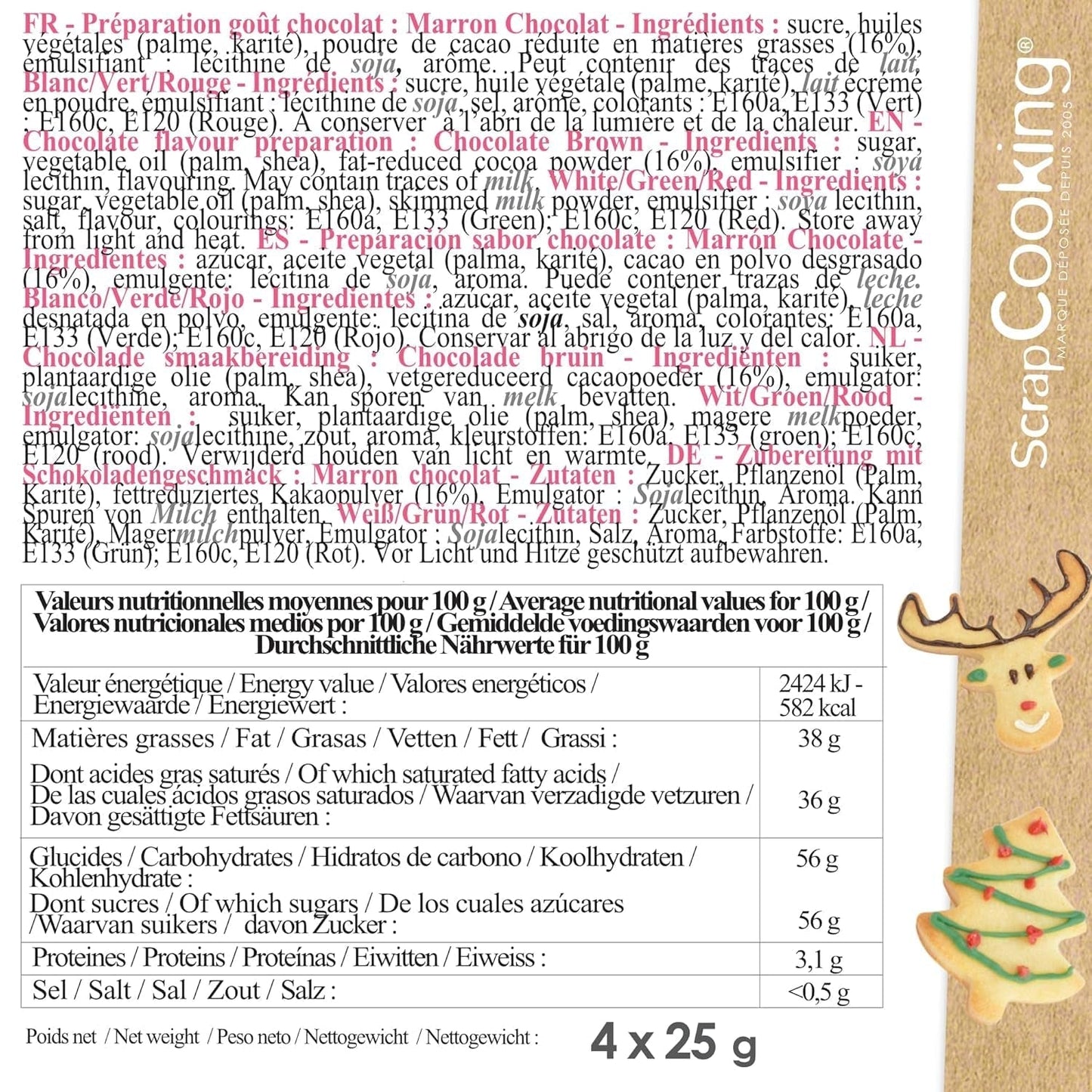Scrapcooking - Lot de 4 Crayons de Couleur Chocolat de Noël - Marron, Blanc, Vert et Rouge - Colorants Comestibles - Colorant Alimentaire pour Écrire - Écrire et Dessiner sur Desserts, Gâteaux et Biscuits - 7060
