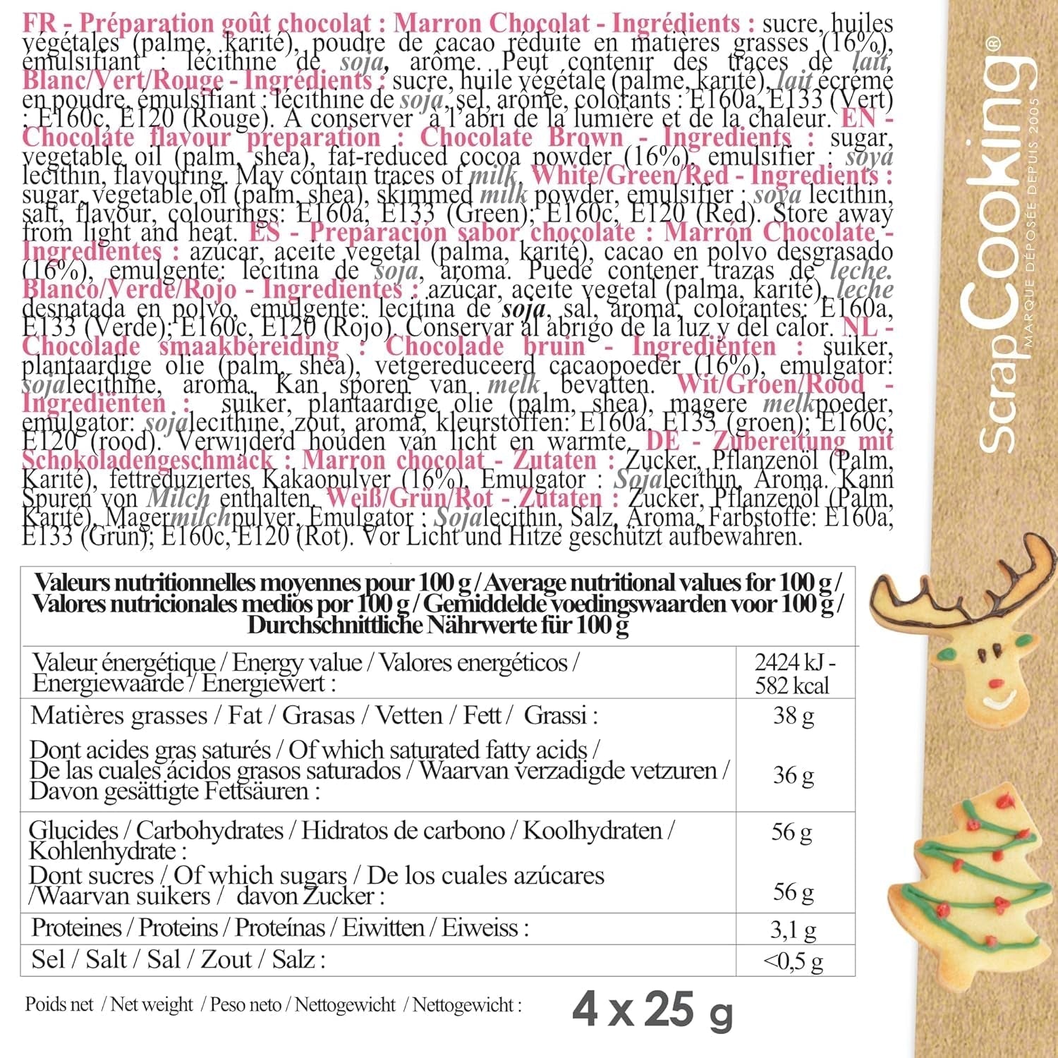 Scrapcooking - Lot de 4 Crayons de Couleur Chocolat de Noël - Marron, Blanc, Vert et Rouge - Colorants Comestibles - Colorant Alimentaire pour Écrire - Écrire et Dessiner sur Desserts, Gâteaux et Biscuits - 7060