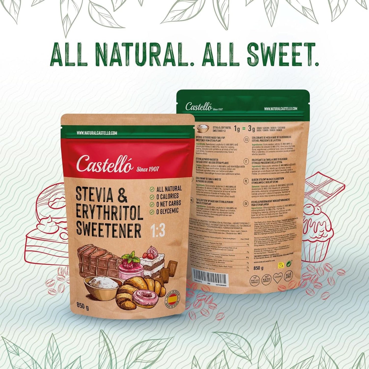 Stevia + Erythritol 1:3 Édulcorant, 1G = 3G Sucre, 850 grammes Édulcorants Naty Shop
