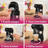 Bosch Tassimo Happy Friendly TAS107E Machine à expresso à capsules, plus de 70 boissons, convient à toutes les tasses, arrêt automatique, durable, dosage parfait, gain de place, 1400 W, crème/noir