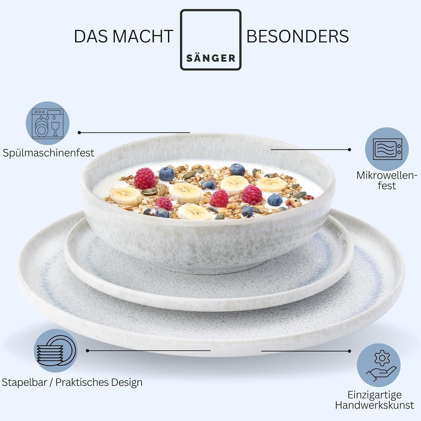 SANGER | Service de table Santorin 12 pièces Service d'assiettes pour 4 personnes TRÈS BON Service de table en grès comprenant des assiettes plates, des assiettes à dessert et des assiettes Suma Crème Lilas Bleu Dégradé | LA COLLECTION PREMIUM