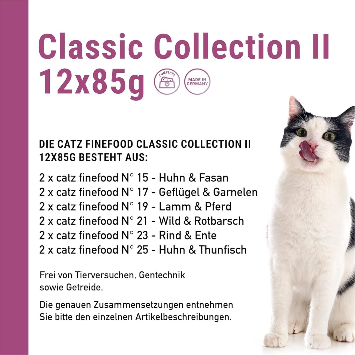 Catz Finefood Classic Collection Mixed Pack Nourriture humide pour chat - Nourriture humide gourmande pour votre chat, sans céréales et sans sucre, à haute teneur en viande, 24 sachets x 85 g