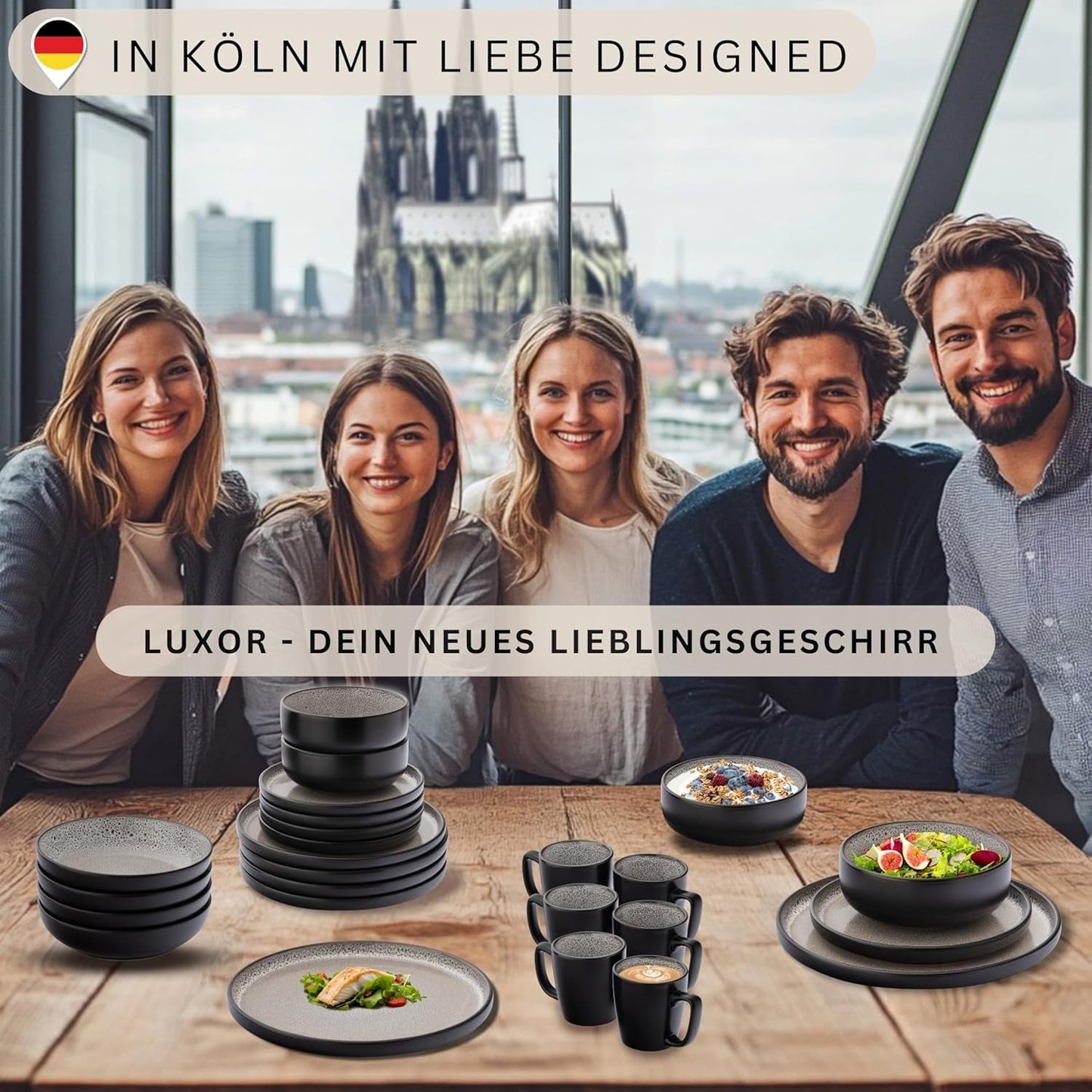 SÄNGER Louxor | Service de table en grès, 18 pièces, service d'assiettes pour 6 personnes, service de table (6 assiettes plates, 6 bols à céréales, 6 assiettes à dessert), vaisselle marron-beige résistante aux rayures | LA COLLECTION VALEUR