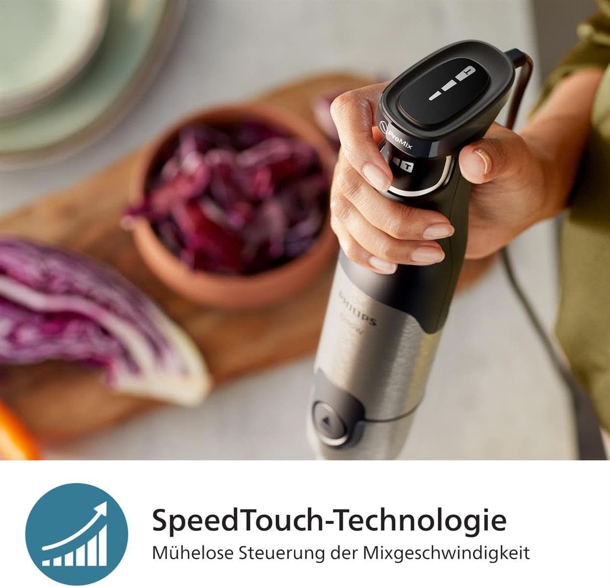 Philips 5000-Serie Stabmixer - 1200W Leistung. Technologie Promix. Led Geschwindigkeitsanzeiger. Stufenlose Geschwindigkeitseinstellung. Conception compacte. Leicht Zu Reinigen. Schwarz (HR2681/00) Cuisine Naty Shop