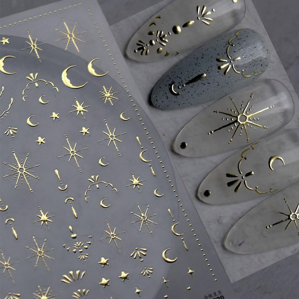 feuilles d’autocollants d’ongles étoile et lune dorées, ailes d’ange, autocollants d’ongles en or beige, étoiles, feuille d’ongles, autocollants d’ongles, accessoires de conception d’ongles, autocollants d’ongles