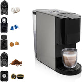 Machine à expresso multicapsules Princess 5 en 1 – Compatible avec Nespresso, Dolce Gusto, Lavazza a Modo Mio et ESE Pads, capacité 0,8 L, 1450 W, argent, noir
