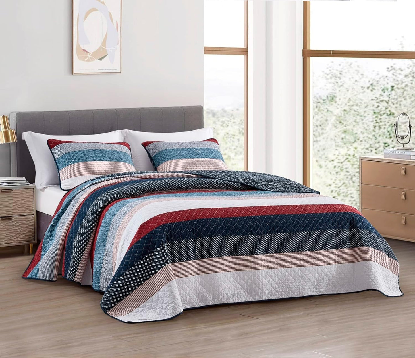 Chezmoi Collection Addy Patchwork Parure de lit en coton prélavé léger réversible toutes saisons surdimensionné 3 pièces bleu marine blanc gris taupe courtepointes et courtepointes Naty Shop Modern Patchwork à pois King
