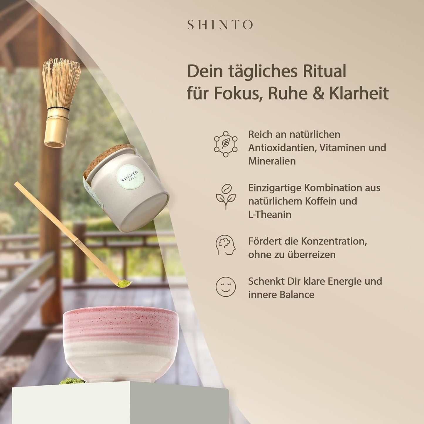 Shinto – Thé Matcha biologique « Gold » – Poudre de thé vert de qualité cérémonielle – Certifié JAS et EU BIO – Ombragé et cueilli à la main – Importation directe d'Uji, Japon – 30 g