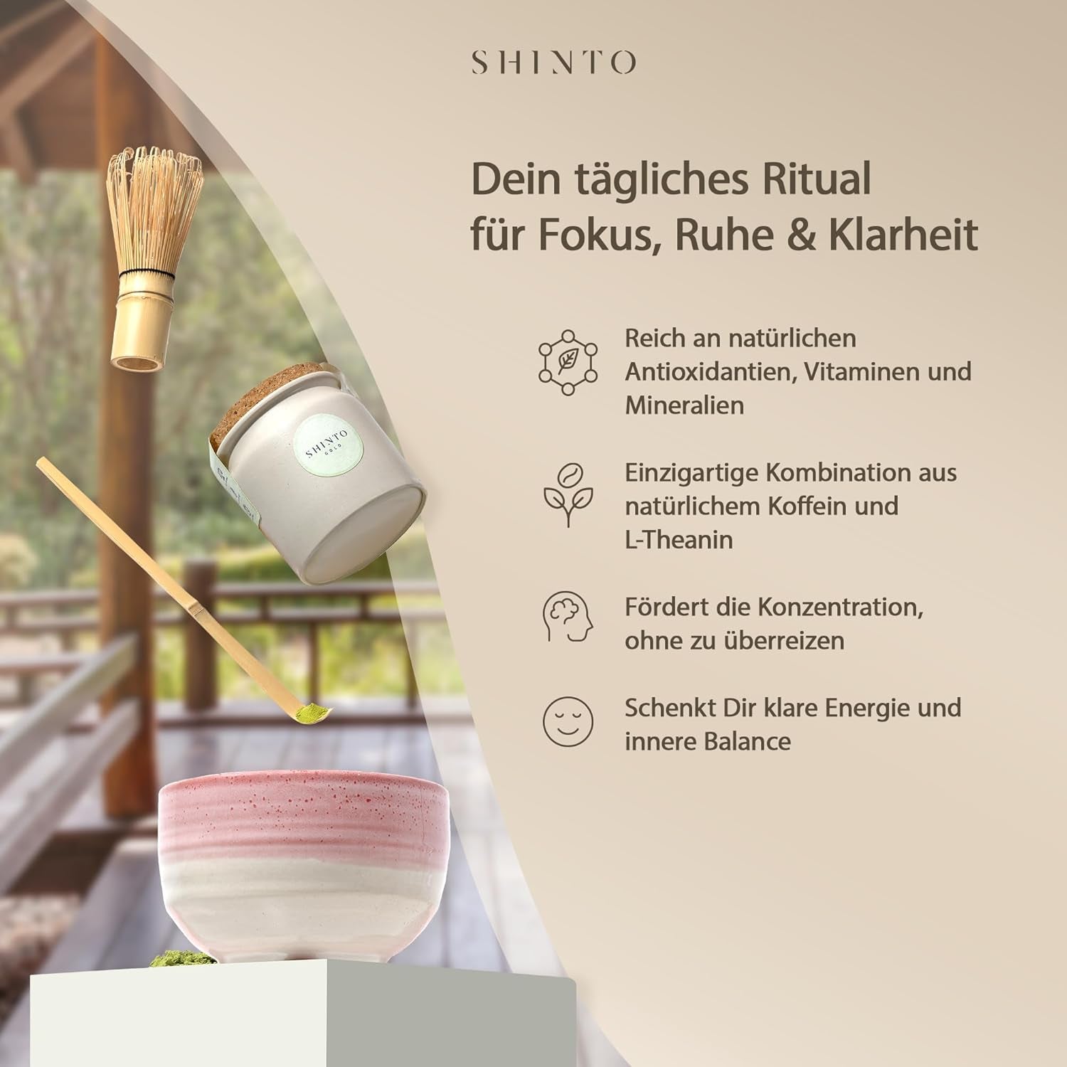 Shinto – Thé Matcha biologique « Gold » – Poudre de thé vert de qualité cérémonielle – Certifié JAS et EU BIO – Ombragé et cueilli à la main – Importation directe d'Uji, Japon – 30 g