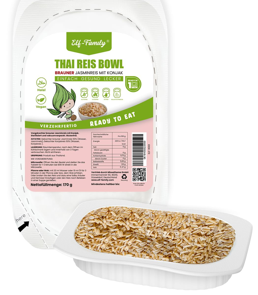 Elf-Family Konjak Reis Thai Brauner Shirataki Bowl -[Boîte pour 1 personne] - Instant Jasmin Reis - Fertiggerichte for Mikrowelle - Natural Superfoods Mikronährstoffe - Vegan/Low Carb/Fettfrei - 6er Box