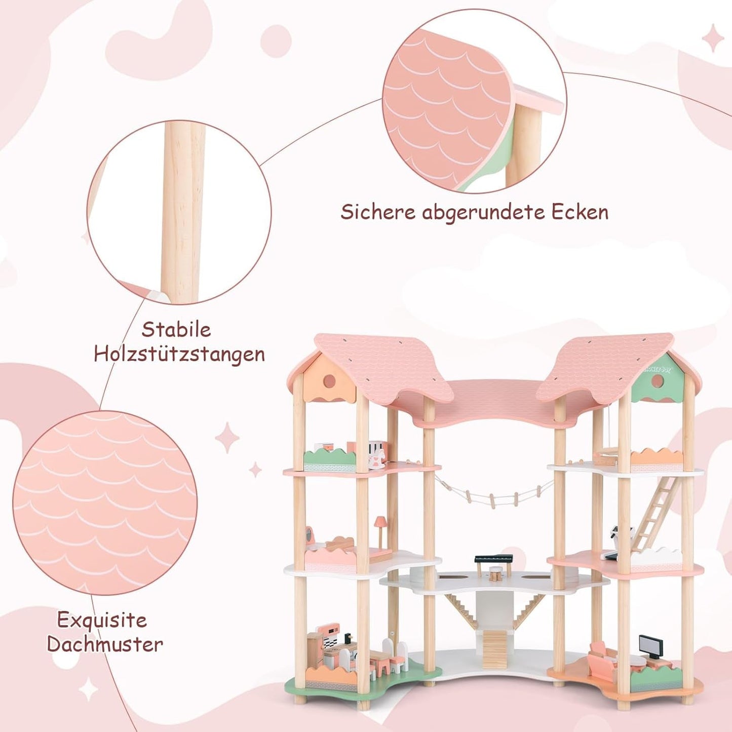 FANTASK Maison de poupée en bois, maison de poupée 7 pièces de 85 cm de hauteur avec 32 meubles et accessoires, maison de poupée avec échelle en corde, cadeau de maison de poupée pour filles de 3 ans (modèle 3) Naty Shop Dollhouses