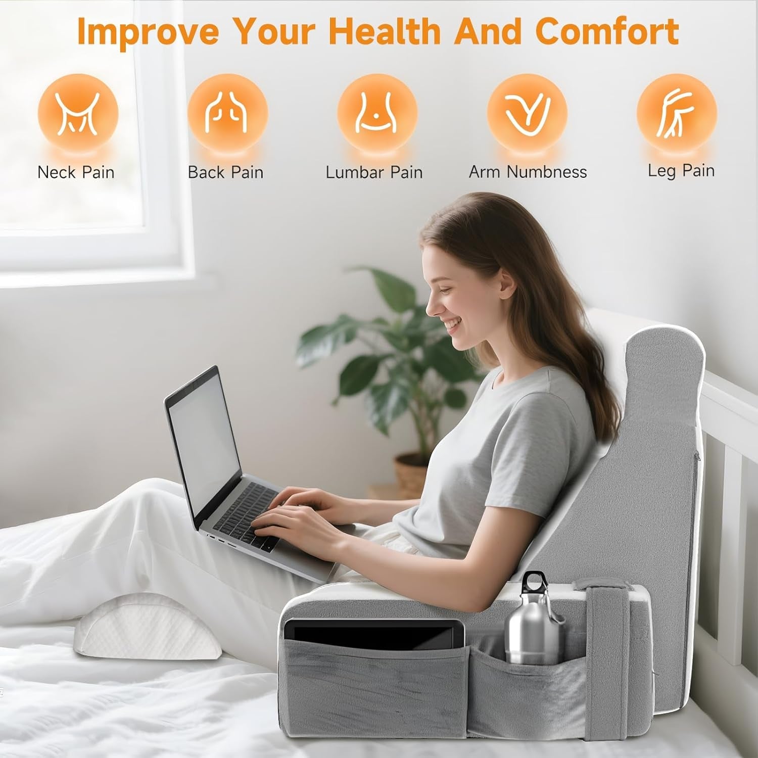 Grand coussin de lecture avec repose-nuque et accoudoirs amovibles, coussin de dossier pour lit, coussin de dos ergonomique avec bras, poche et housse lavable pour lire et regarder la télévision.