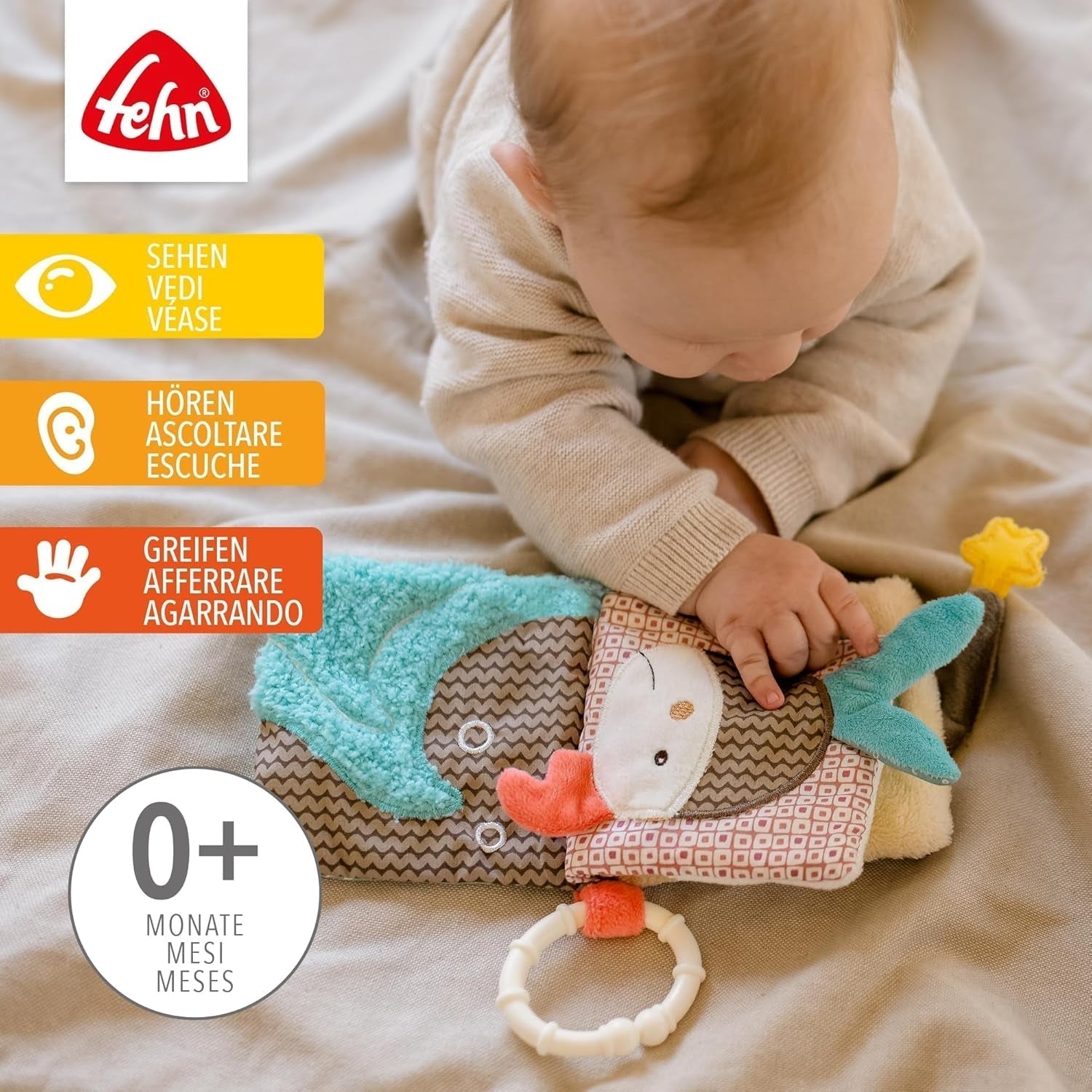 Fehn Soft imagier Bruno - livre doux pour bébés en tissu avec motifs d'animaux - livre de jouets en tissu à suspendre pour poussettes et sièges auto - livre avec des pétards pour bébés et enfants à partir de 0 mois Baby Toys Naty Shop