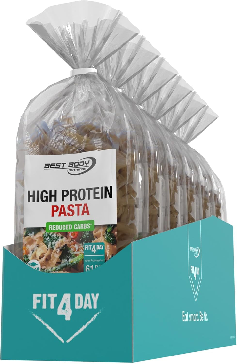 Pâtes protéinées Best Body Nutrition 6 x 200 g - Tagliatelles riches en protéines Fit4Day - 61 % de protéines, faible teneur en glucides, végétaliennes et sans lactose, sans soja - Protéines de pois de haute qualité - Pour les régimes faibles en glucides