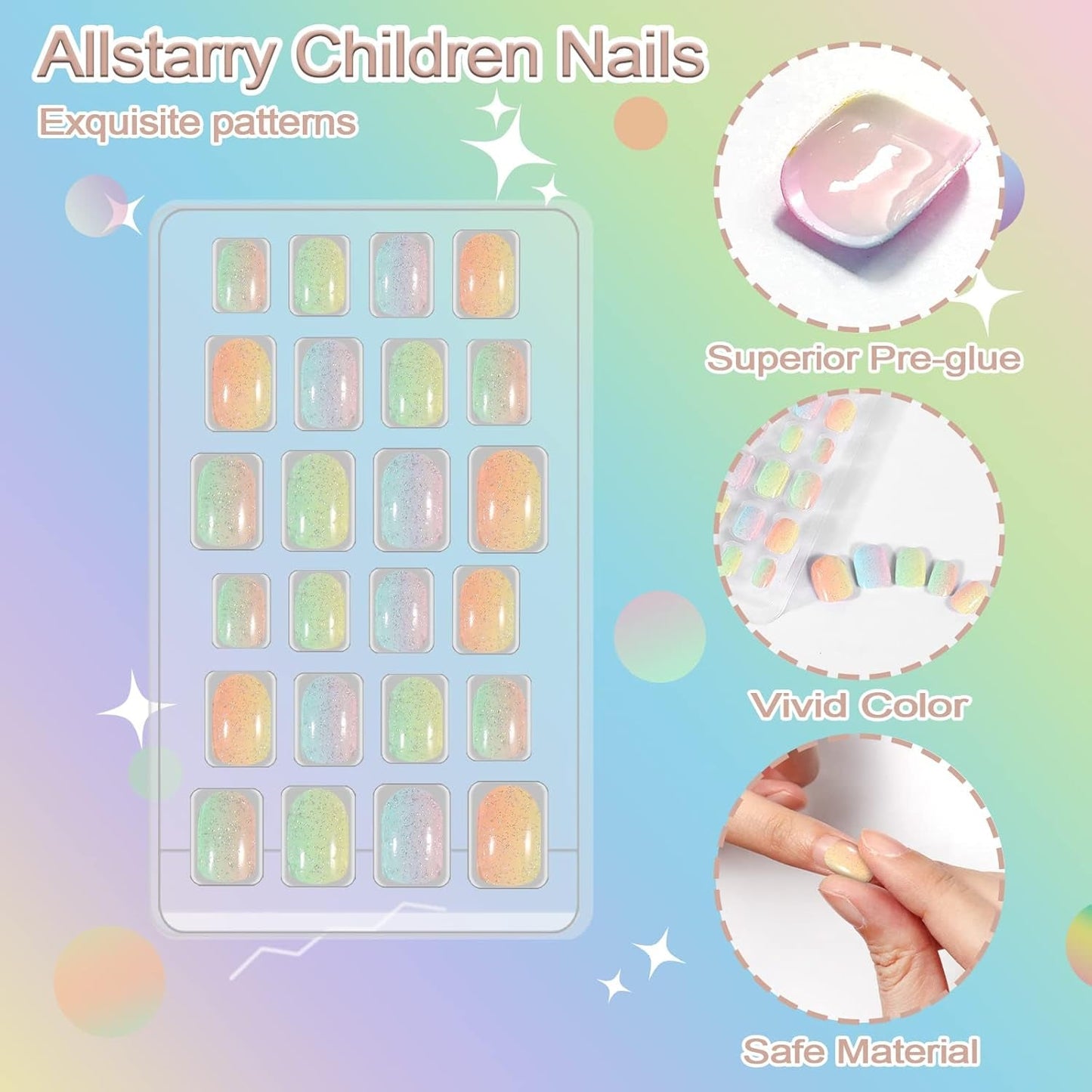 72 pièces d'ongles pré-collés pour enfants, couverture complète, paillettes, dégradé de couleur, nœud, ongles artificiels courts, excellent cadeau pour enfants filles, Nail Art - Paillettes arc-en-ciel