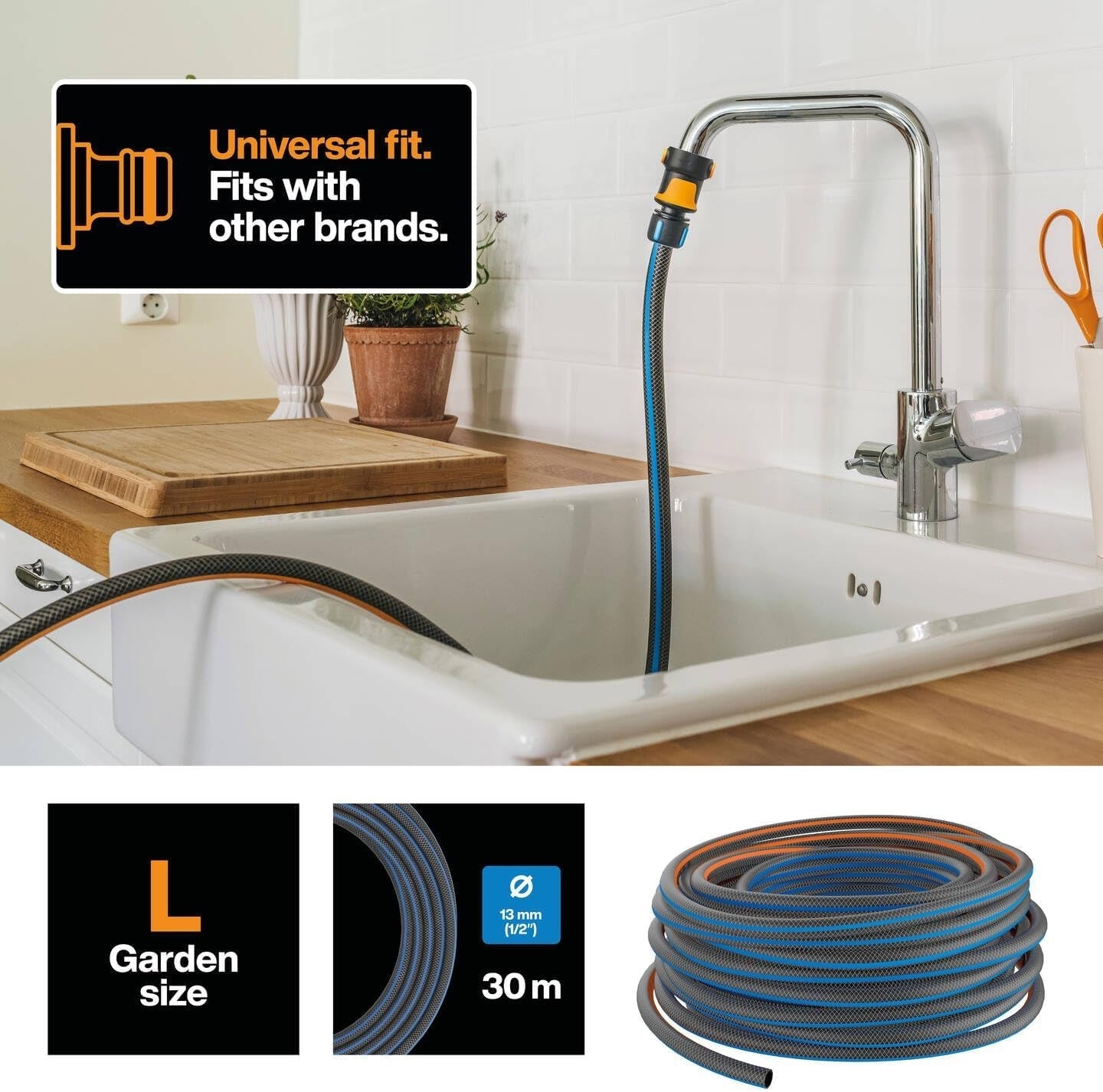 Fiskars L Tuyau d'eau, Protection UV, Testé sous pression, Rigidité en torsion 4 (sur 5), 30 m, Ø 1,3 cm (1/2"), 4,2 kg, Noir/Orange/Bleu, 1027105