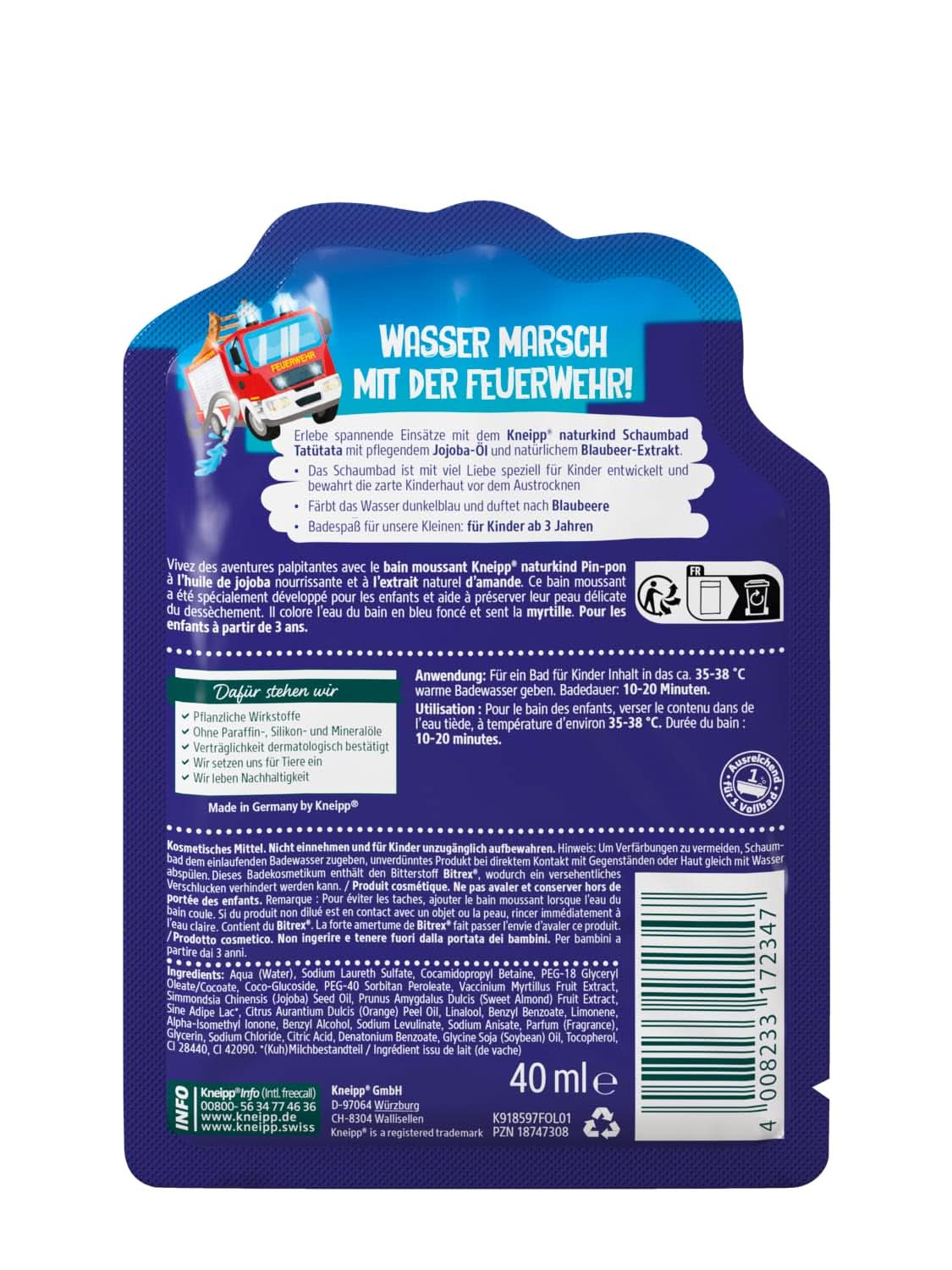 Kneipp Naturkind, additif de bain à l'huile de jojoba nourrissante et à l'extrait naturel de myrtille, arôme fruité de myrtille, eau bleue, 40 ml Douche et bain Naty Shop