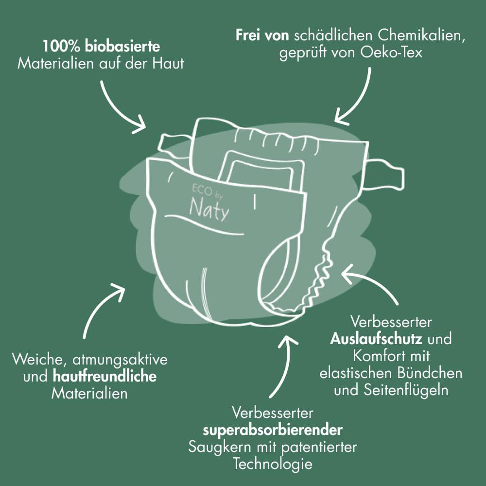 Eco Diapers Eco by Naty Baby Eco Diapers - couches biologiques haut de gamme, respectueuses de l'environnement, fabriquées à partir de matériaux végétaux, idéales pour la peau sensible de bébé (taille 5 - 80 pièces)