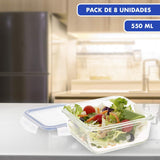 Max Home Lot de 8 récipients hermétiques en verre pour micro-ondes Boîte à lunch en verre Récipients alimentaires refermables 550 ml Couvercles transparents Récipients alimentaires (16538) Boîtes de conservation des aliments Naty Shop