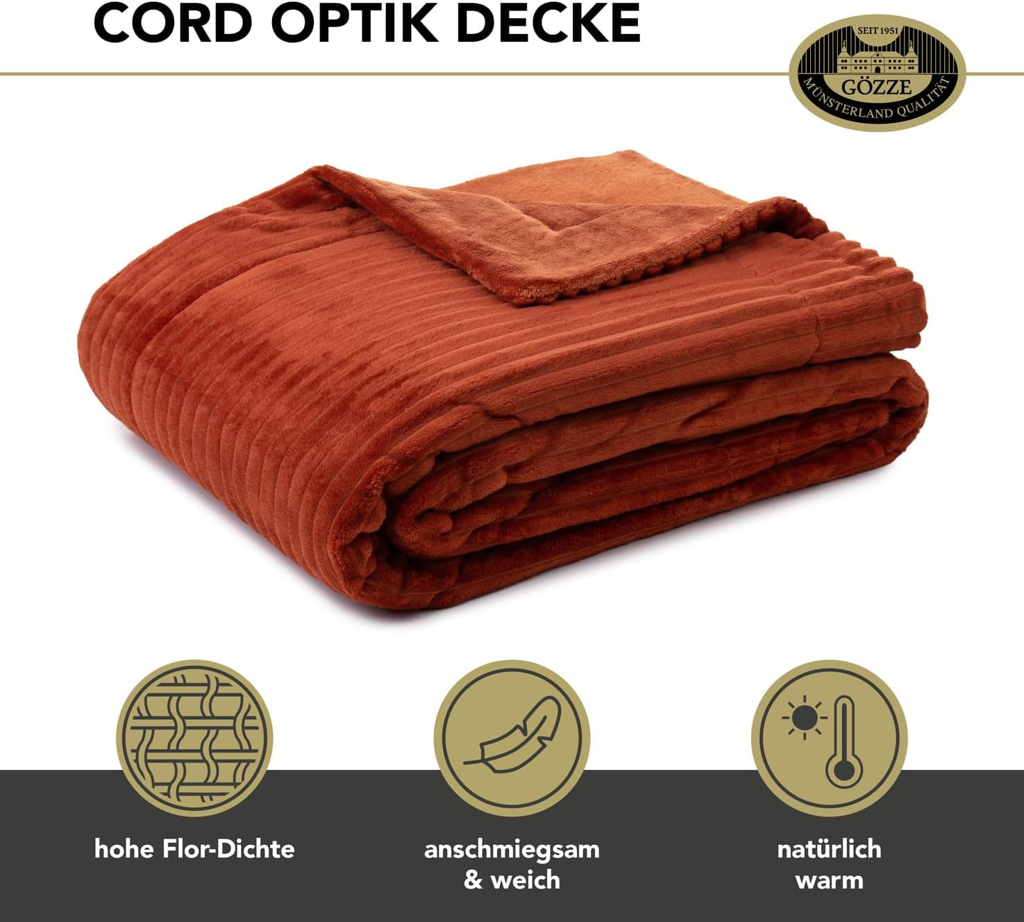 Gözze - Couverture confortable et douce aspect velours côtelé, 1620G/pièce, 150 X 200 Cm - cannelle Lits et Couvertures Besuche den Gözze-Store