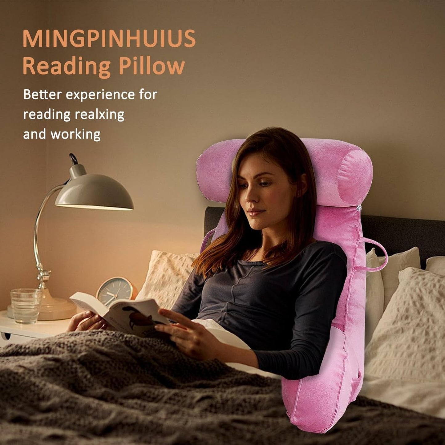 Oreiller de lecture XL pour lit et canapé avec tour de cou amovible, oreiller de dos idéal pour adultes avec mousse à mémoire de forme pour lire, travailler, jouer, regarder la télévision, se détendre (rose)