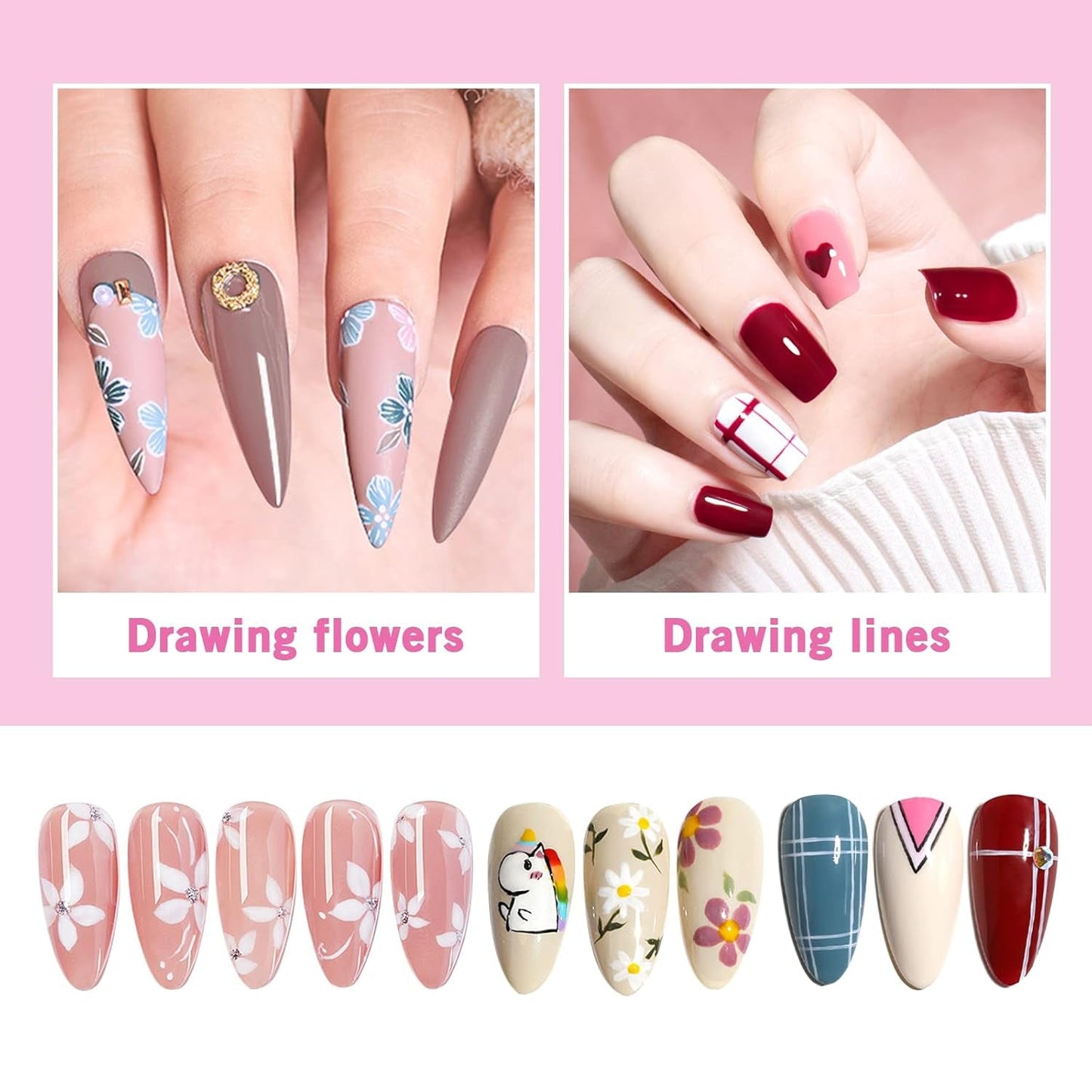 Sularpek Nail Art Liner Pinsel, 5 pièces Profi Detail Fine Nails Gel Nails Brush, Nagel Pinsel Dünn Für Beauty Frauen Nagelstudio (5 Größen, Rosa)