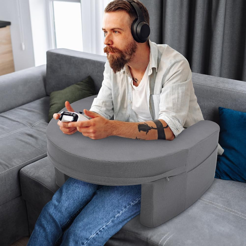 Oreiller de lecture pour lit et canapé, oreiller de jeu, oreiller pour ordinateur portable, oreiller de jeu avec accoudoirs et poche latérale, pour adultes jouant, lisant, regardant la télévision, jouant sur le canapé