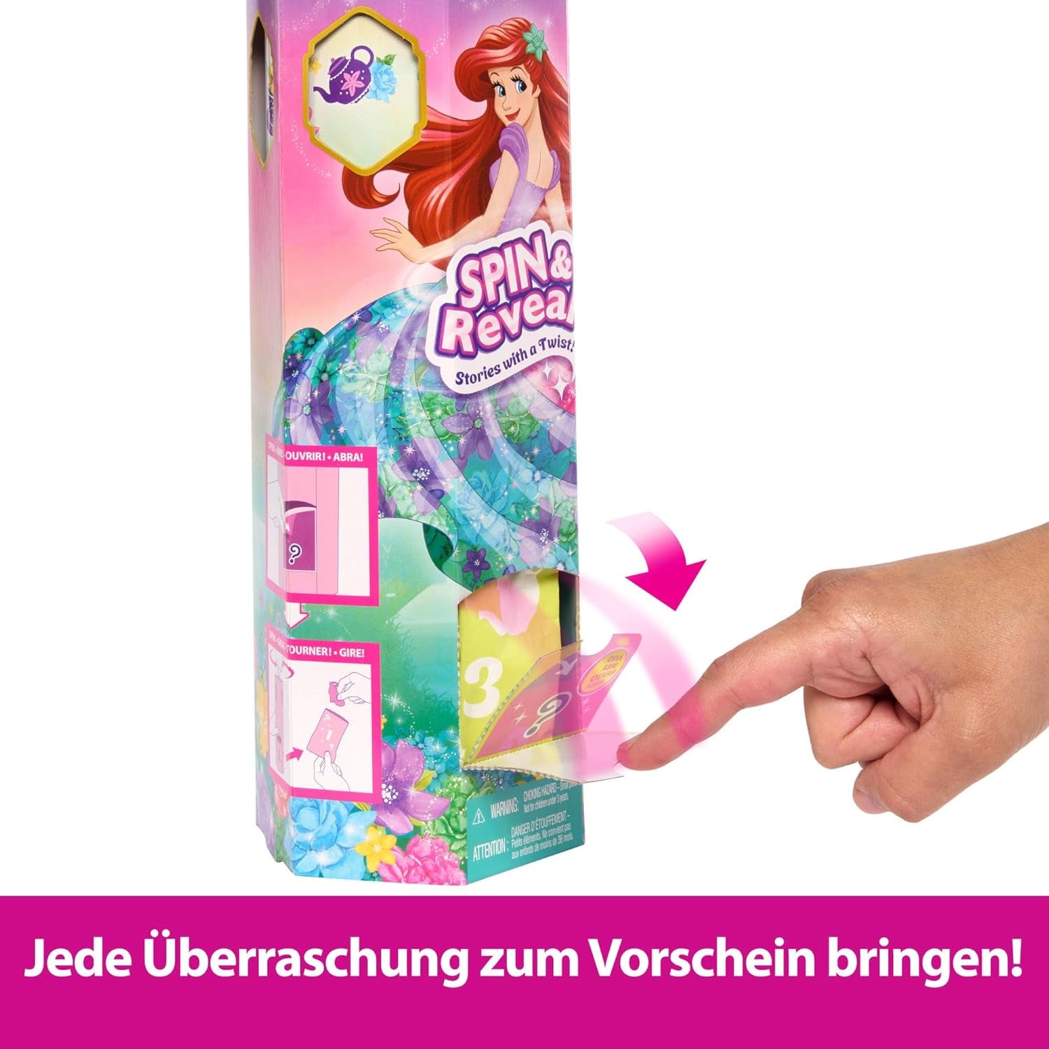 Mattel Disney Princess Ariel Spin & Reveal Fashion Doll Set avec 11 surprises, dont 5 accessoires, 5 autocollants et une scène de jeu inspirée du film HTV88