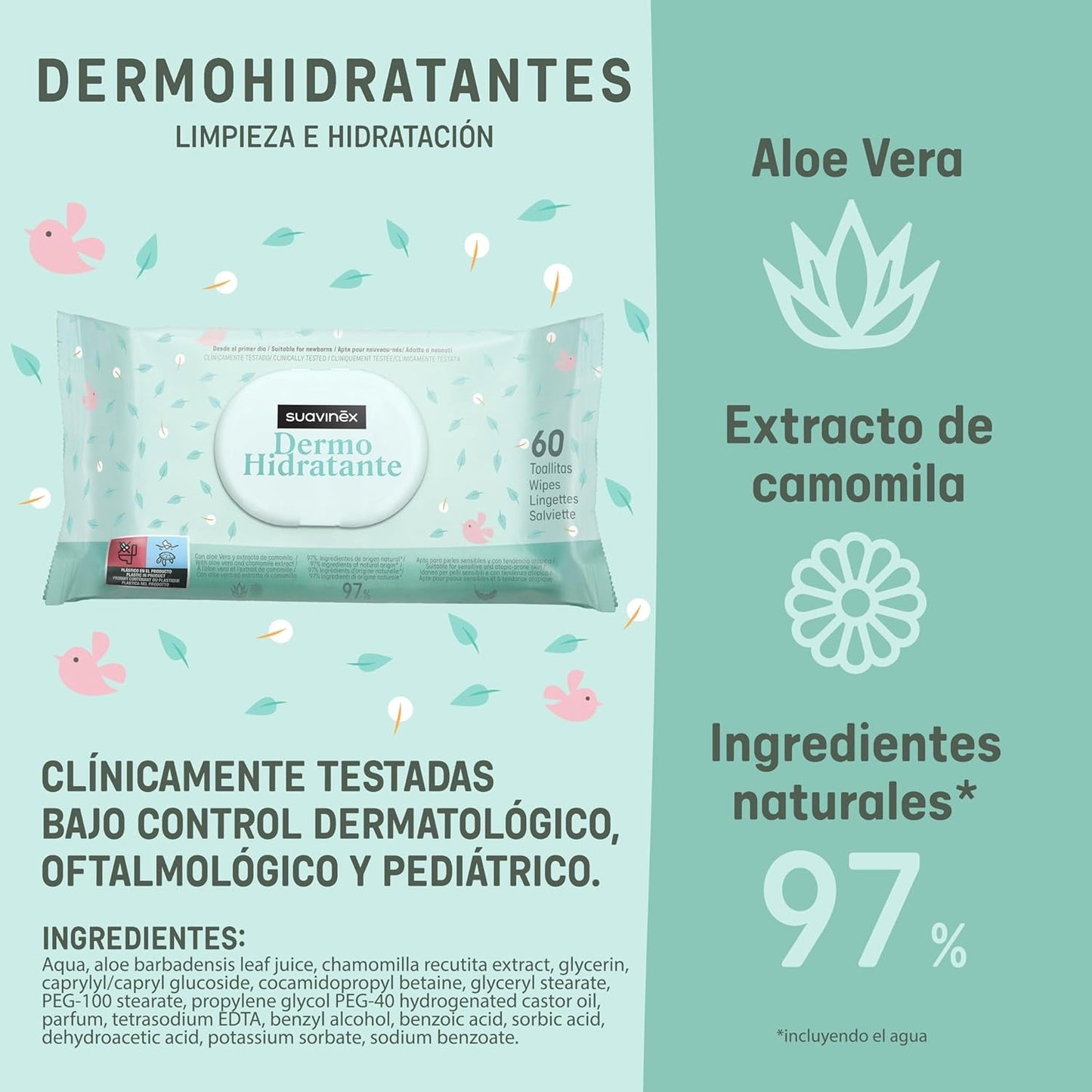 Suavinex 14 Pack de 60 lingettes humides pour bébé (840 lingettes au total), hydratantes, adaptées aux peaux atopiques, 95% d'ingrédients naturels